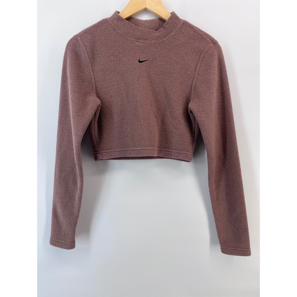 Nike Womens Long Sleeve Crop Top Fleece Mock Neck Mauve Pink Swoosh Small
